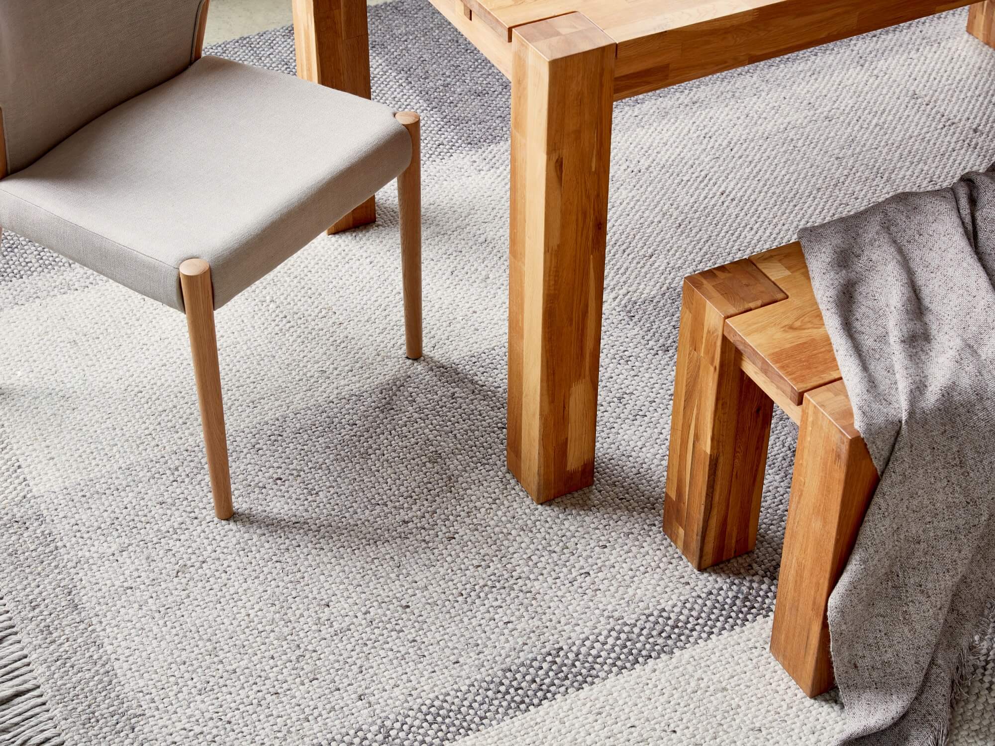 Oak dining bench and matching table with grey upholstered dining chair